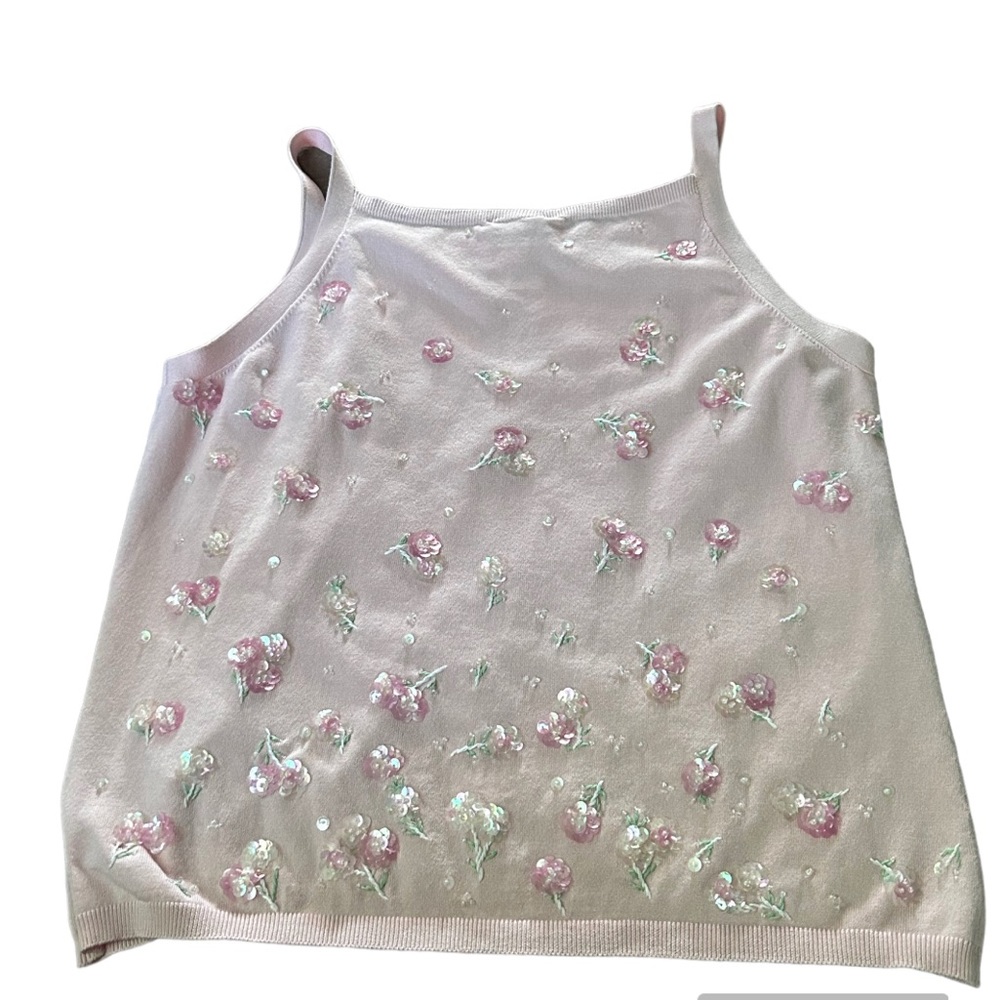 Oscar de la Renta Pink Knit Tank Top w/ Sequin and Beaded Flowers Size Medium - Picture 2 of 4